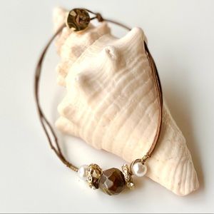 Genuine tiger eye bead bracelet w/ faux brown leather